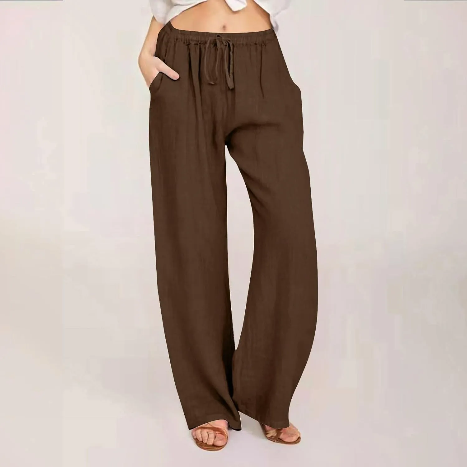 Womens Summer Cotton Pants Dressy Casual High Waisted Drawstring Lounge Trousers Loose Wide Legged Flwoy Beach Pant