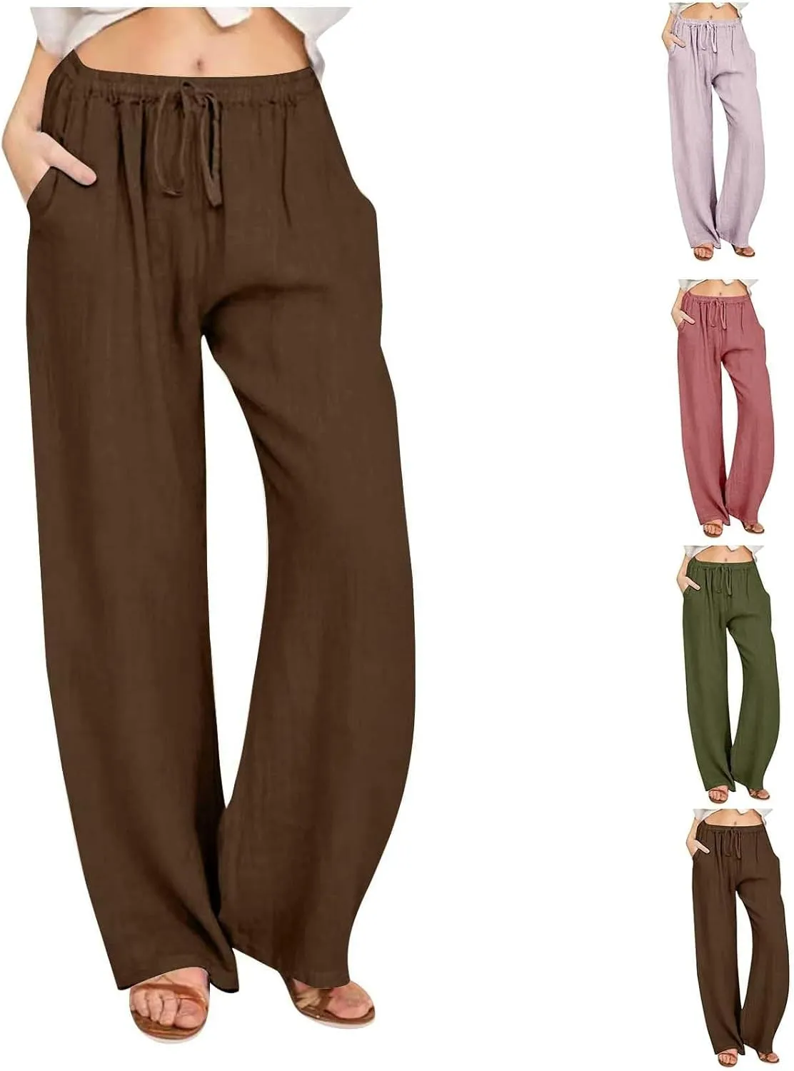 Womens Summer Cotton Pants Dressy Casual High Waisted Drawstring Lounge Trousers Loose Wide Legged Flwoy Beach Pant