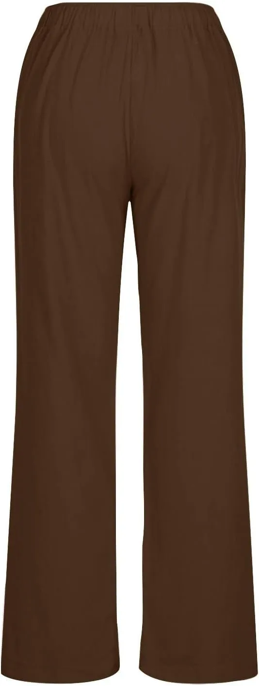 Womens Summer Cotton Pants Dressy Casual High Waisted Drawstring Lounge Trousers Loose Wide Legged Flwoy Beach Pant