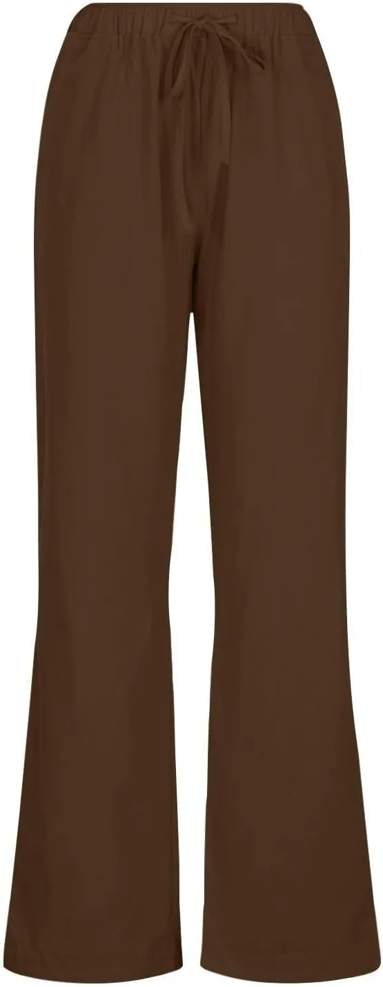 Womens Summer Cotton Pants Dressy Casual High Waisted Drawstring Lounge Trousers Loose Wide Legged Flwoy Beach Pant