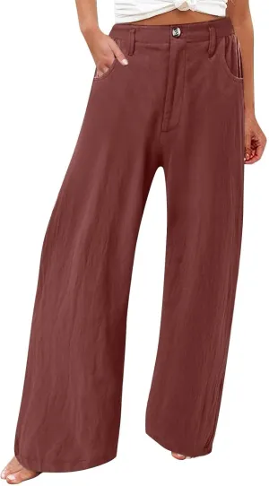 Women's Summer Linen Palazzo Pants Casual Lightweight Straight Wide Leg Trousers Elastic Band Plain Joggers Comfy Yoga Pants