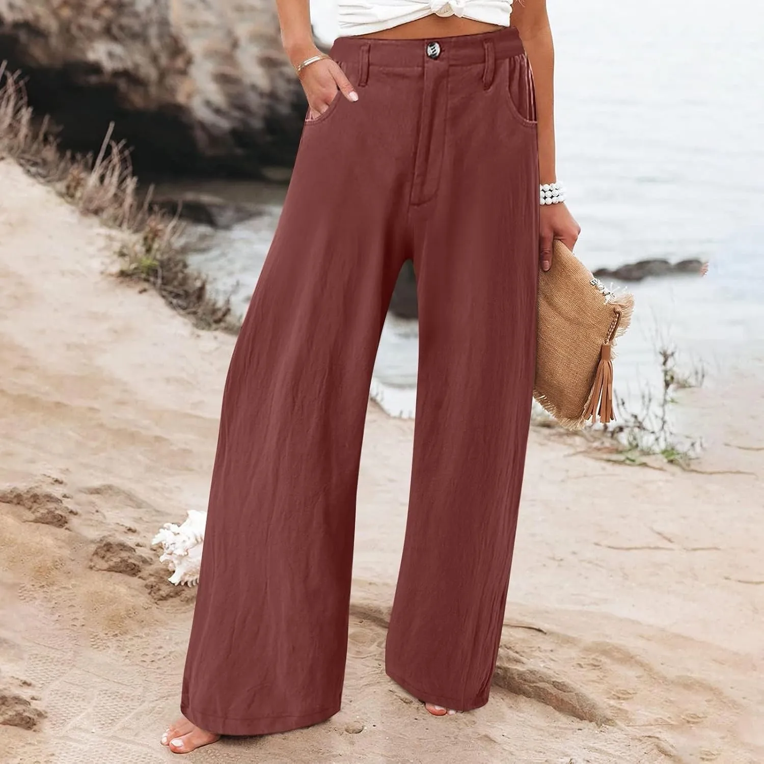 Women's Summer Linen Palazzo Pants Casual Lightweight Straight Wide Leg Trousers Elastic Band Plain Joggers Comfy Yoga Pants