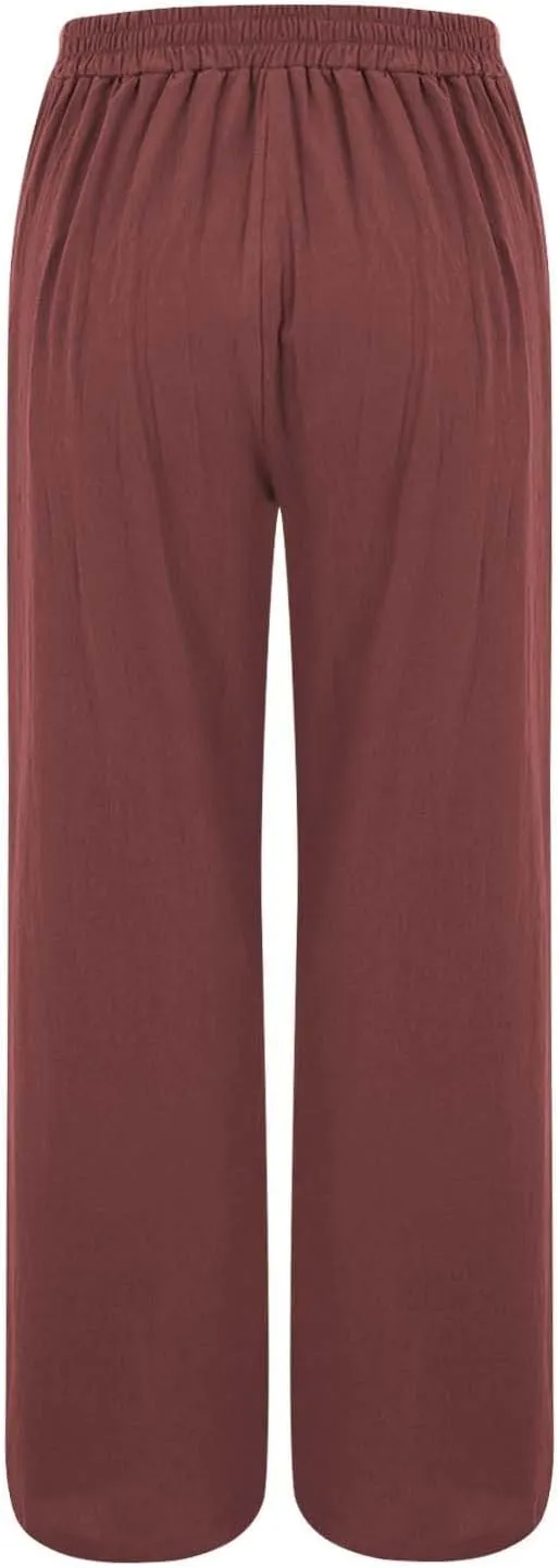 Women's Summer Linen Palazzo Pants Casual Lightweight Straight Wide Leg Trousers Elastic Band Plain Joggers Comfy Yoga Pants
