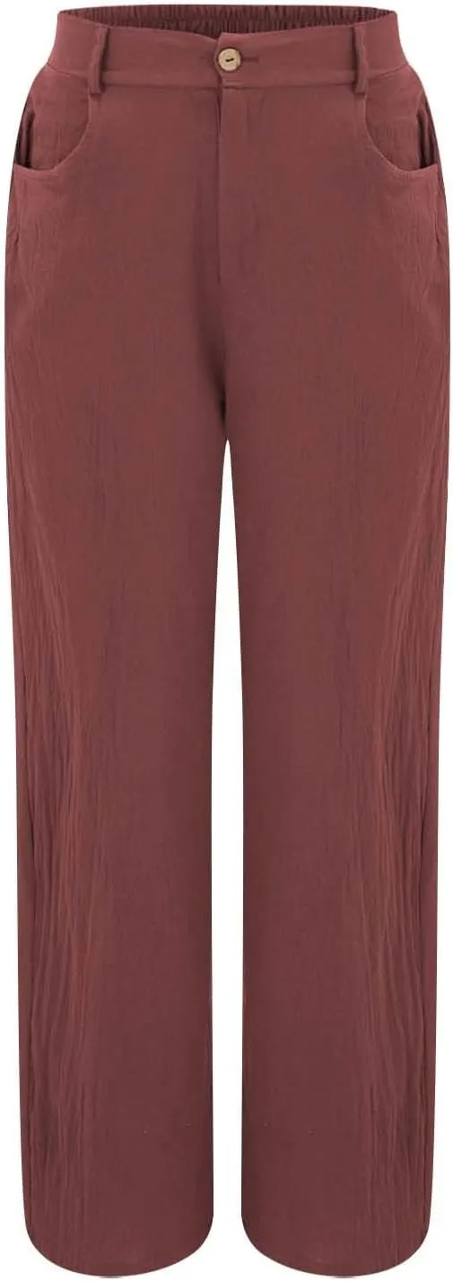 Women's Summer Linen Palazzo Pants Casual Lightweight Straight Wide Leg Trousers Elastic Band Plain Joggers Comfy Yoga Pants