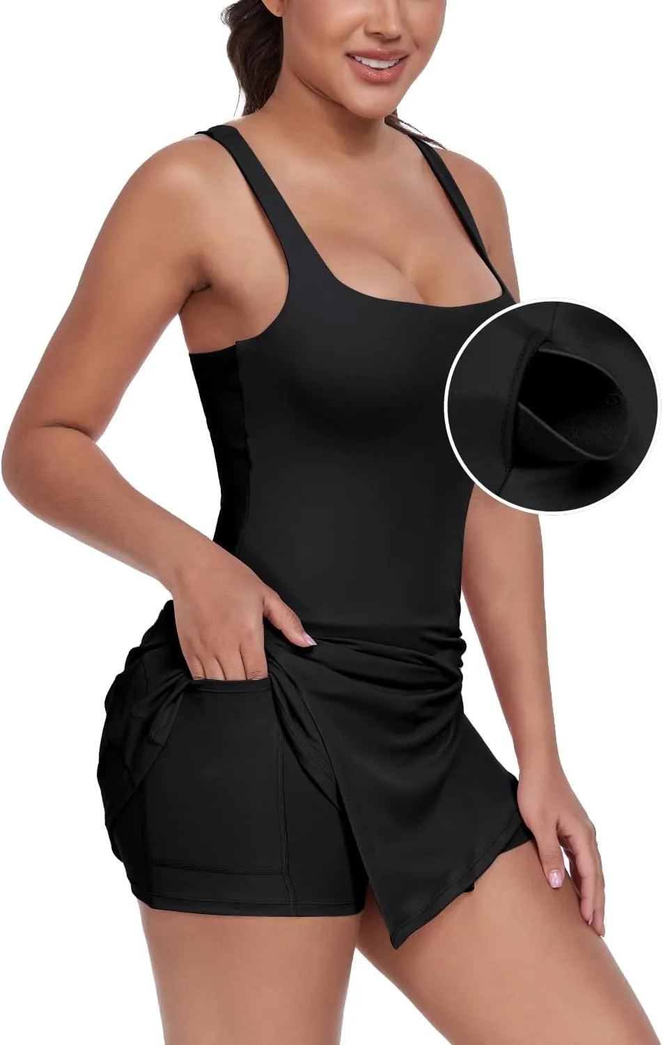 Women's Tennis Dress with Built in Shorts and Bra Workout Mini Dress Square Neck Athletic Skort Dress Golf Outfits