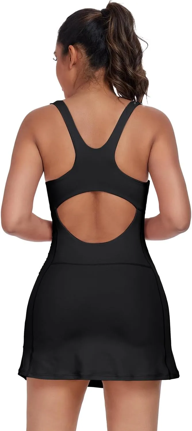 Women's Tennis Dress with Built in Shorts and Bra Workout Mini Dress Square Neck Athletic Skort Dress Golf Outfits