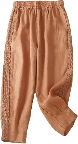 Women's Vintage Style Cotton Linen Slim Fit Cuffed Pants Loose Ankle-Length Harem Pants with Pockets