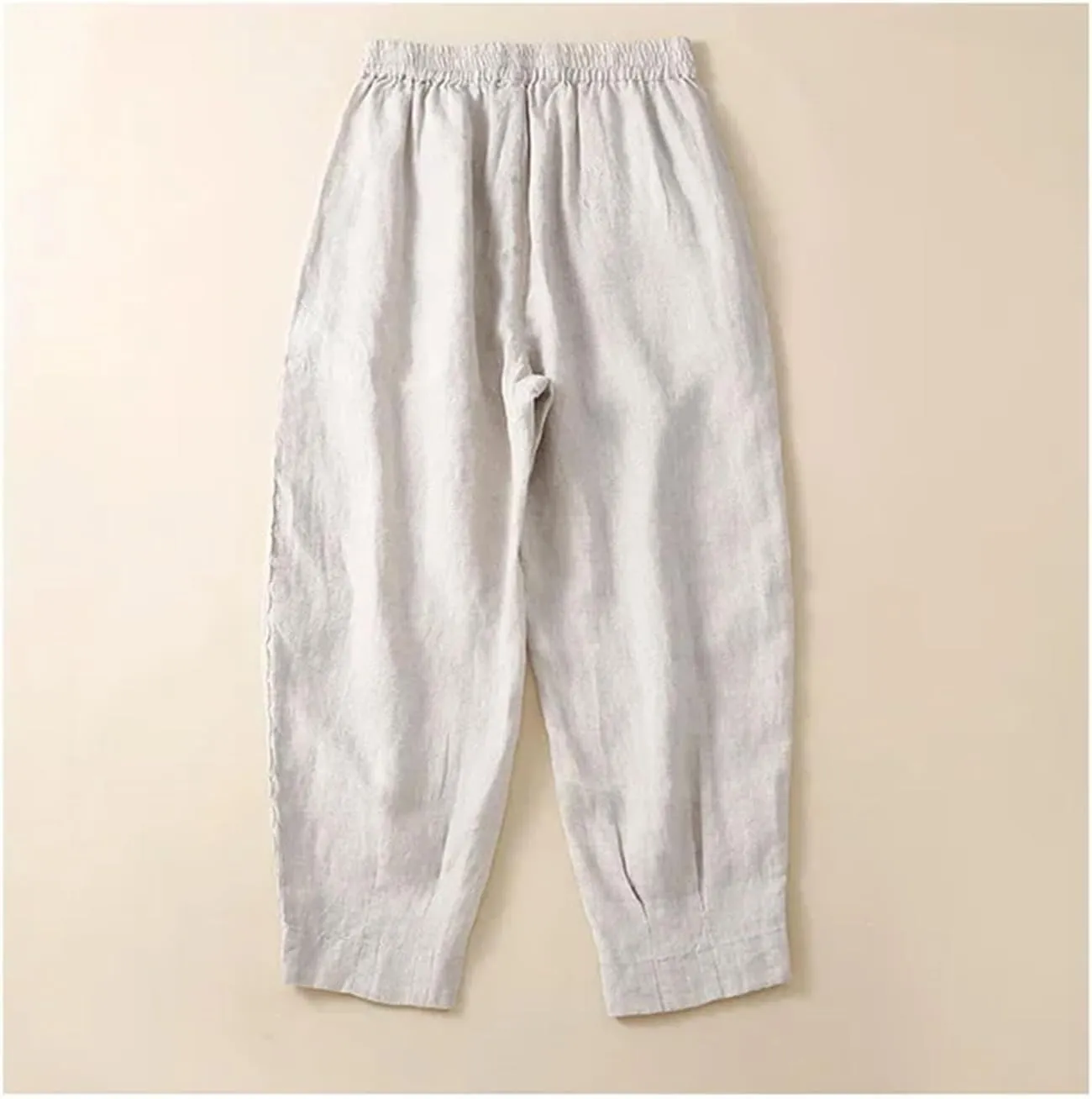 Women's Vintage Style Cotton Linen Slim Fit Cuffed Pants Loose Ankle-Length Harem Pants with Pockets