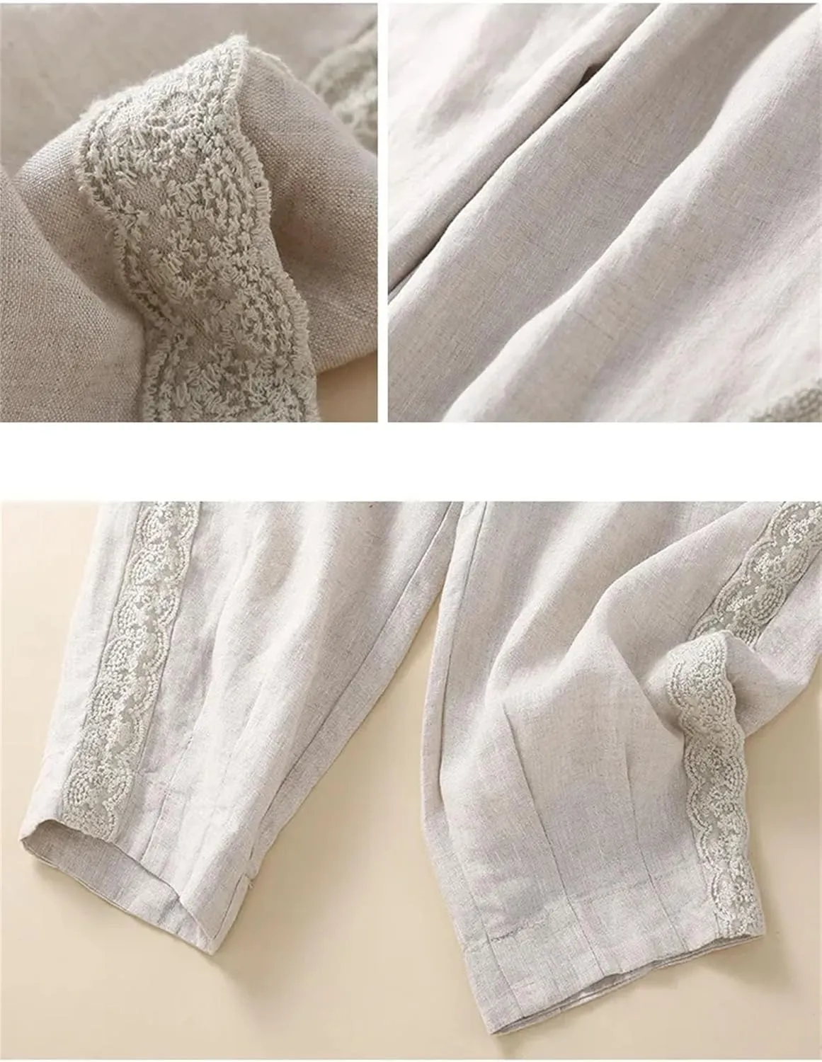 Women's Vintage Style Cotton Linen Slim Fit Cuffed Pants Loose Ankle-Length Harem Pants with Pockets