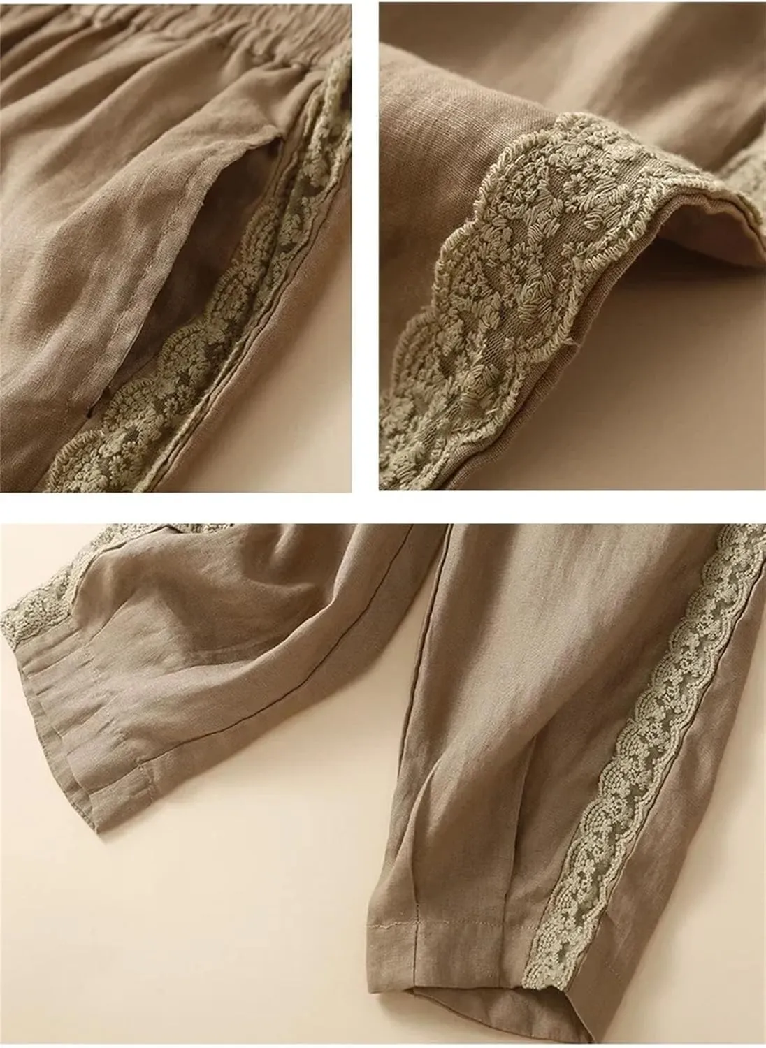 Women's Vintage Style Cotton Linen Slim Fit Cuffed Pants Loose Ankle-Length Harem Pants with Pockets