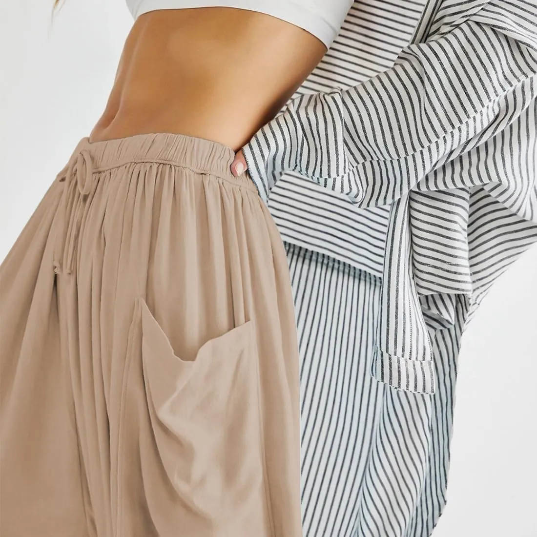 Women's Wide Leg Baggy Casual Lantern Pants Summer Beach High Waisted Capris Yoga Palazzo Elastic Waist Trousers