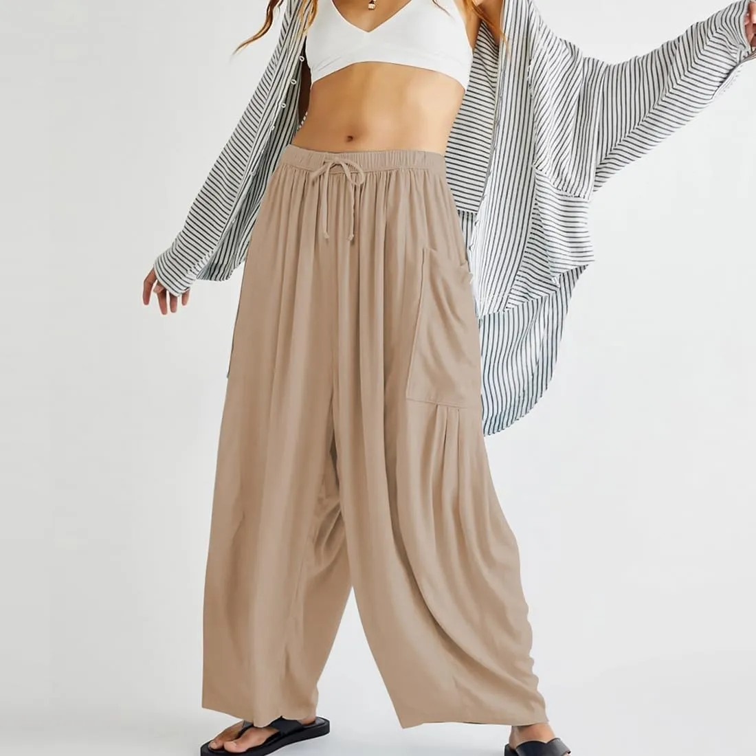 Women's Wide Leg Baggy Casual Lantern Pants Summer Beach High Waisted Capris Yoga Palazzo Elastic Waist Trousers