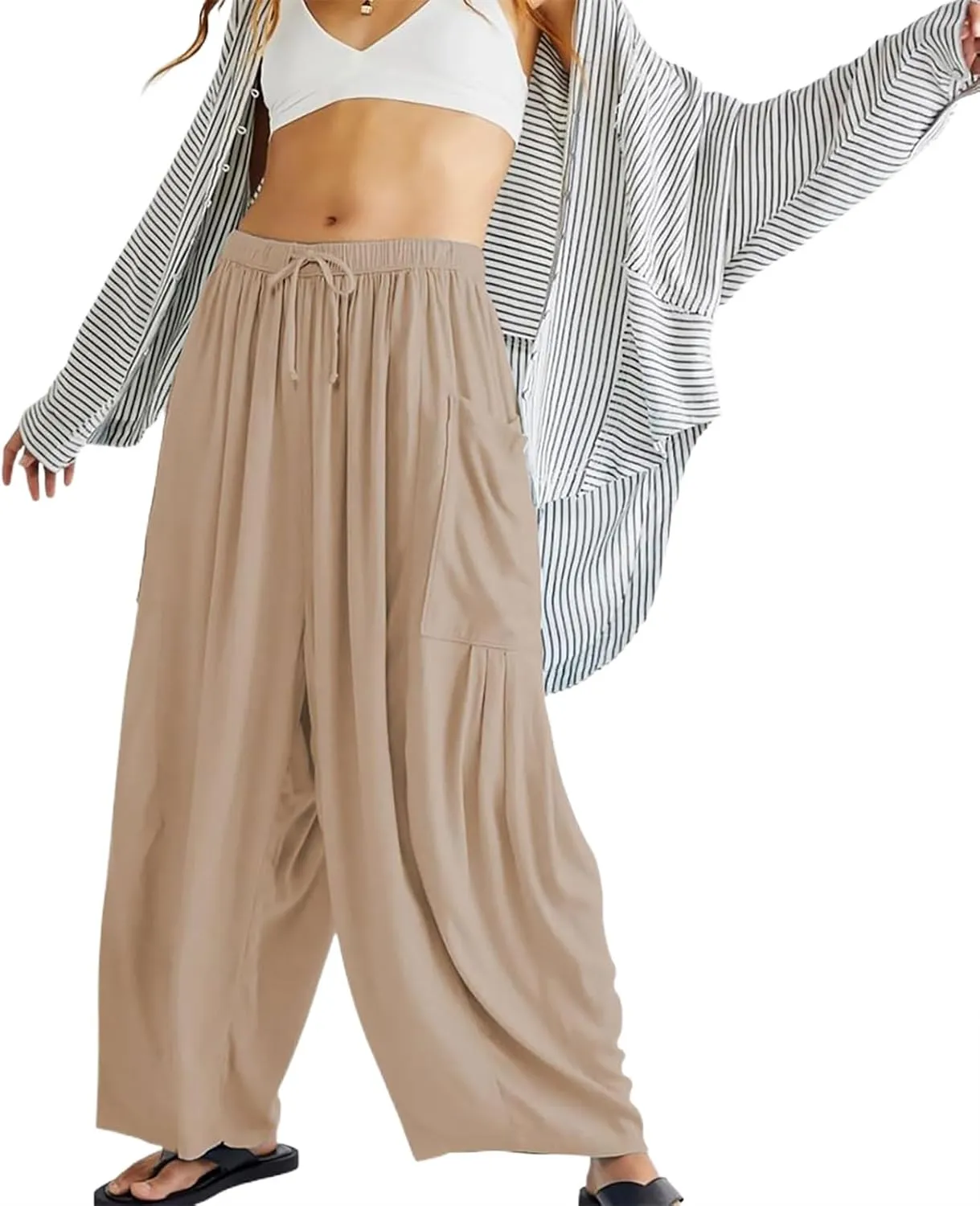 Women's Wide Leg Baggy Casual Lantern Pants Summer Beach High Waisted Capris Yoga Palazzo Elastic Waist Trousers