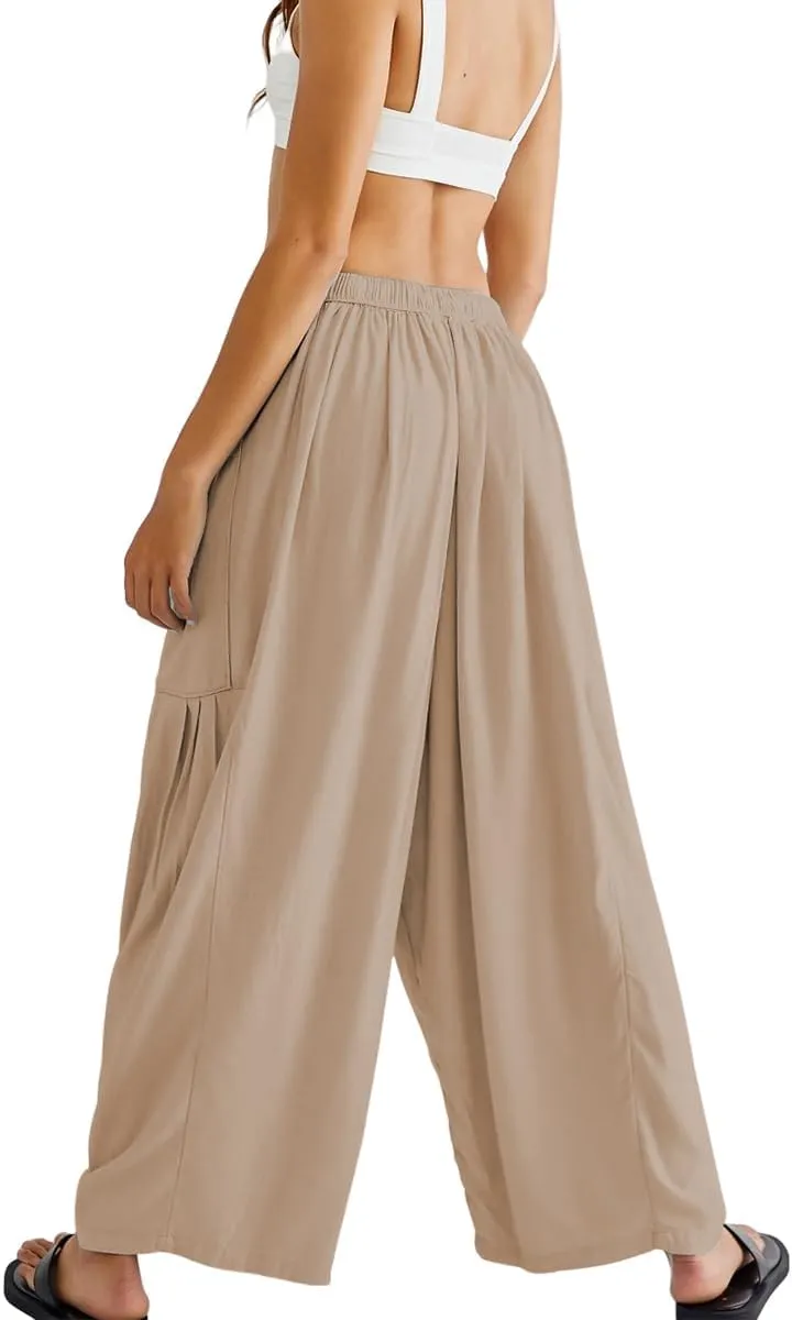 Women's Wide Leg Baggy Casual Lantern Pants Summer Beach High Waisted Capris Yoga Palazzo Elastic Waist Trousers