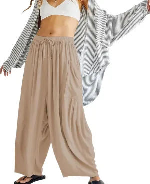 Women's Wide Leg Baggy Casual Lantern Pants Summer Beach High Waisted Capris Yoga Palazzo Elastic Waist Trousers