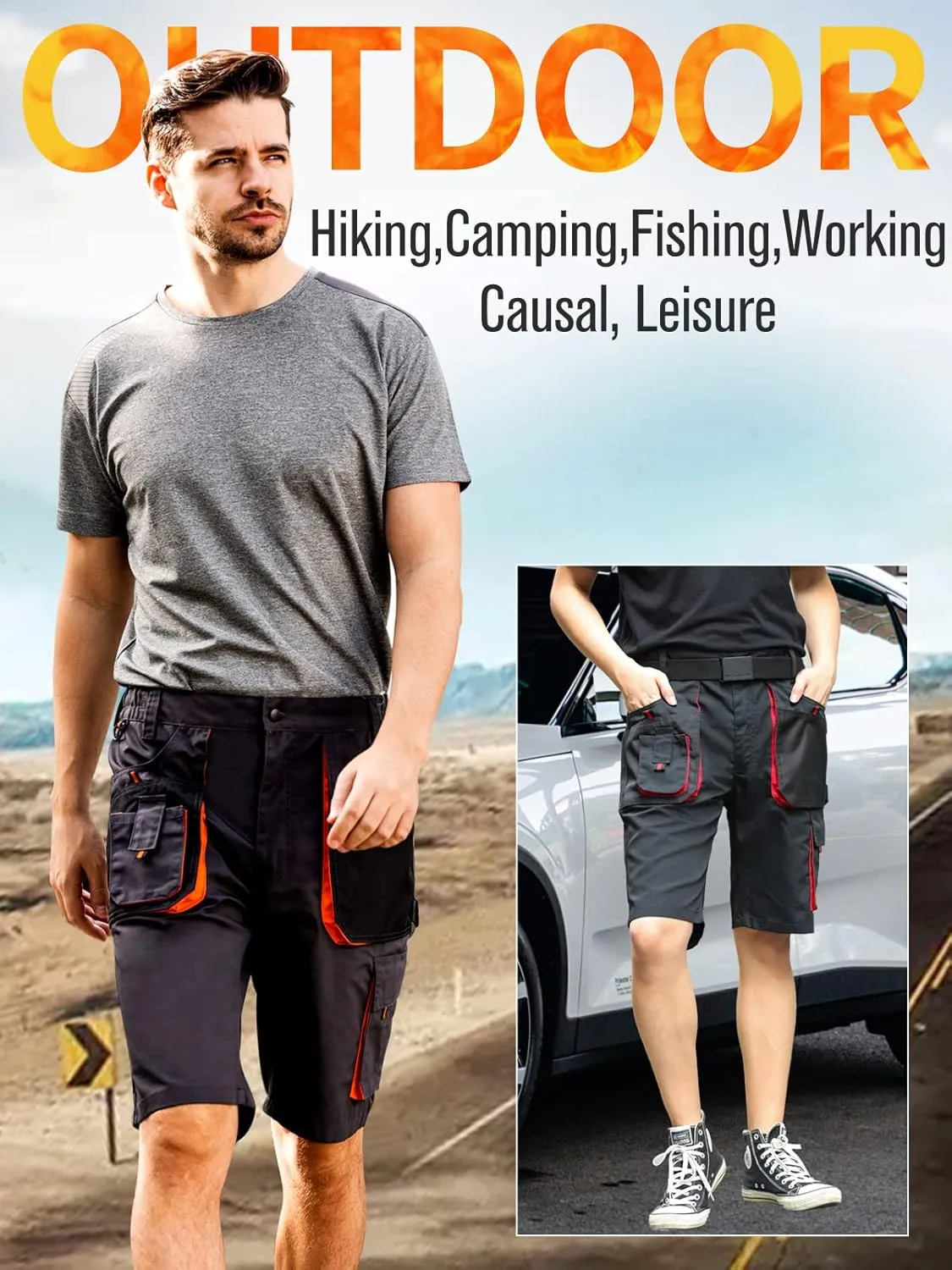 WORK IDEA Men's Work Cargo Shorts Outdoor Multi-Pocket Workwear Hiking Camping Travel Golf Causal