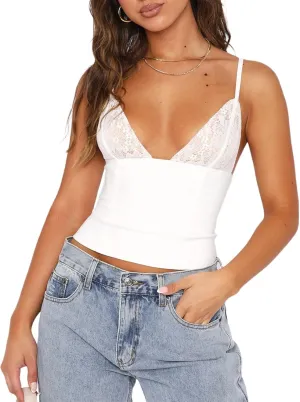 Y2K Sexy Spaghetti Strap Lace Crop Camisole Sleeveless V Neck Sexy Cami Top Slim Fit Adorable Streetwear