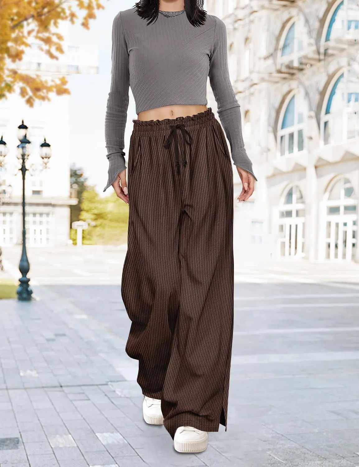 YESNO Corduroy Wide Leg Pants for Women Drawstring Elastic High Waist Slit Palazzo Casual Loose Trousers with Pockets PC0