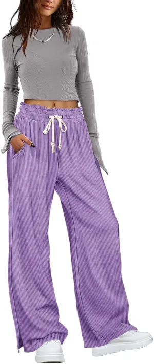 YESNO Corduroy Wide Leg Pants for Women Drawstring Elastic High Waist Slit Palazzo Casual Loose Trousers with Pockets PC0