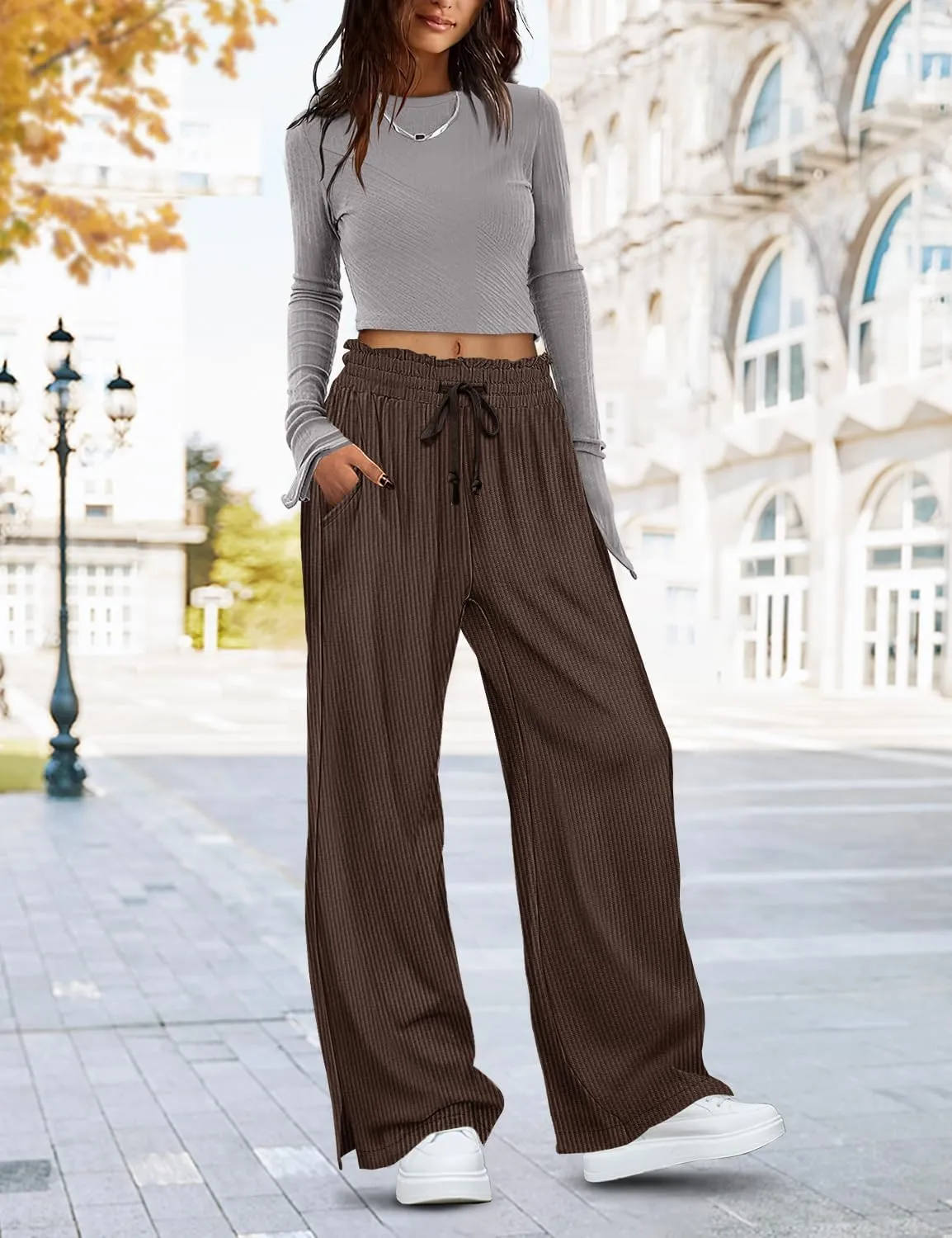 YESNO Corduroy Wide Leg Pants for Women Drawstring Elastic High Waist Slit Palazzo Casual Loose Trousers with Pockets PC0