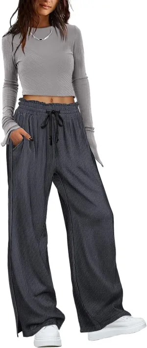YESNO Corduroy Wide Leg Pants for Women Drawstring Elastic High Waist Slit Palazzo Casual Loose Trousers with Pockets PC0