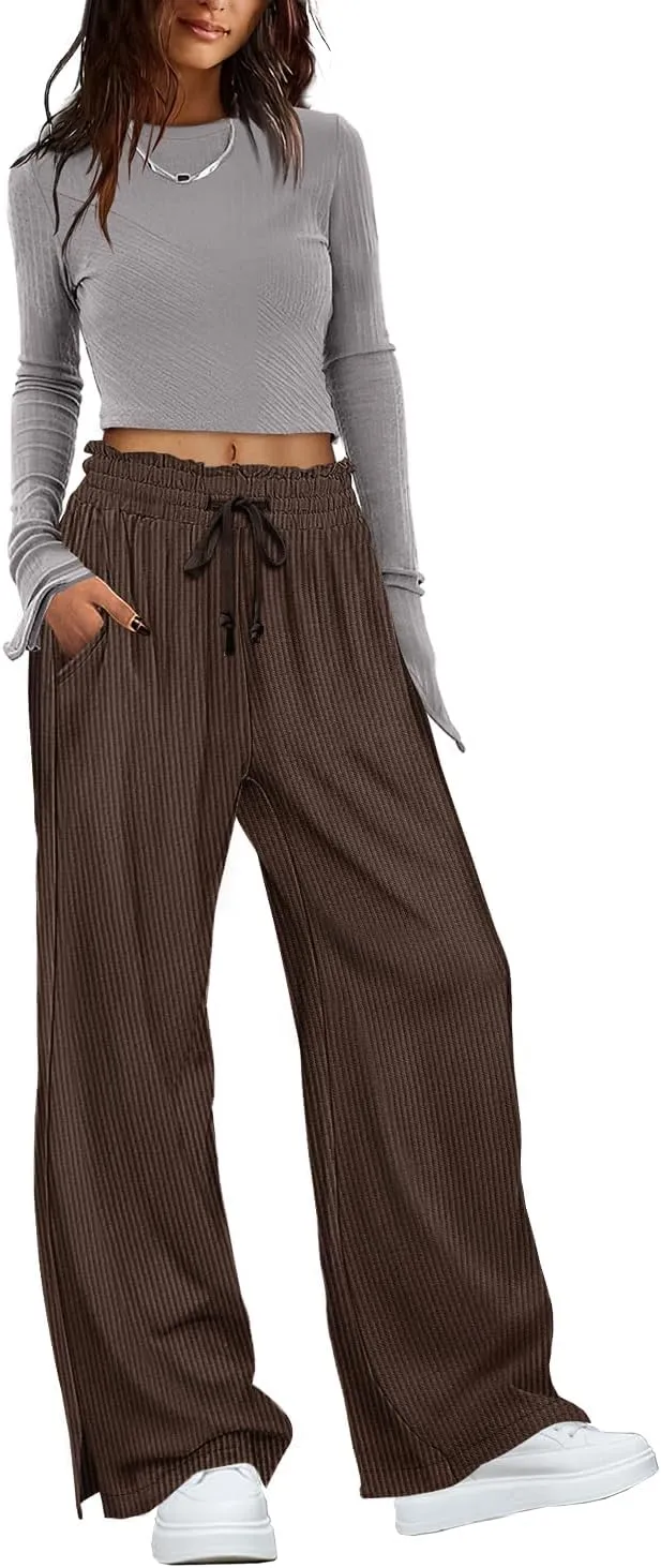 YESNO Corduroy Wide Leg Pants for Women Drawstring Elastic High Waist Slit Palazzo Casual Loose Trousers with Pockets PC0