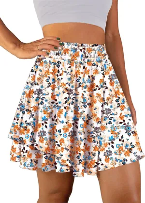 YESNO Flowy Summer Ruffle Boho Skorts Skirts for Women Floral Casual Elastic High Waist Shorts with Pockets PS1