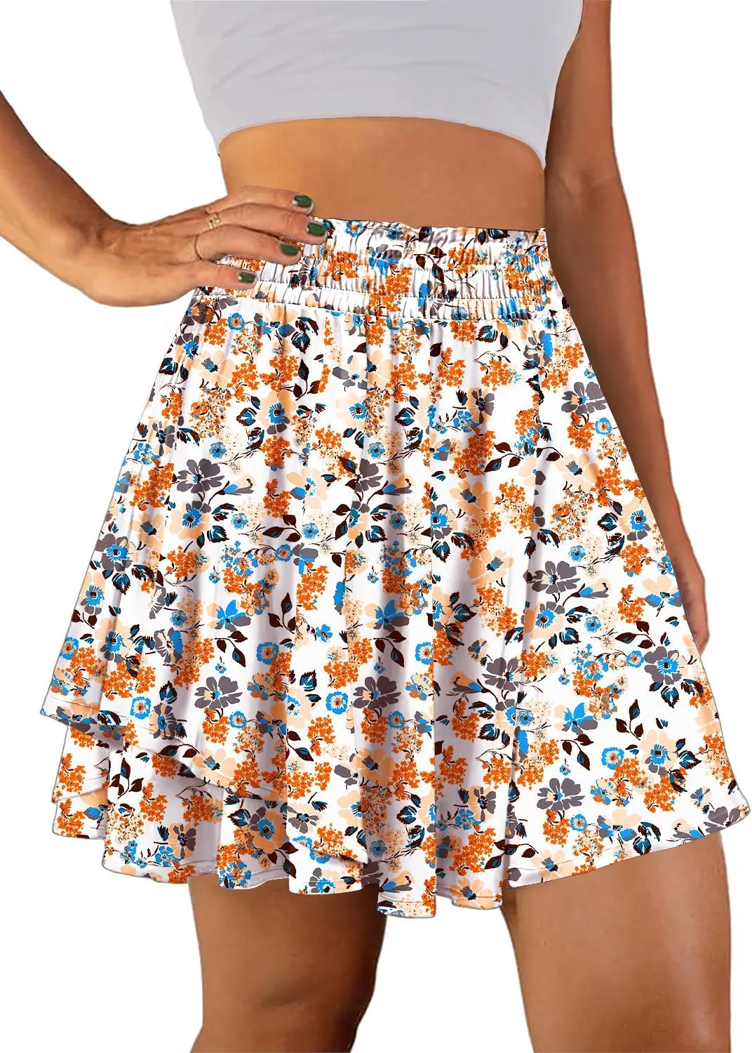 YESNO Flowy Summer Ruffle Boho Skorts Skirts for Women Floral Casual Elastic High Waist Shorts with Pockets PS1