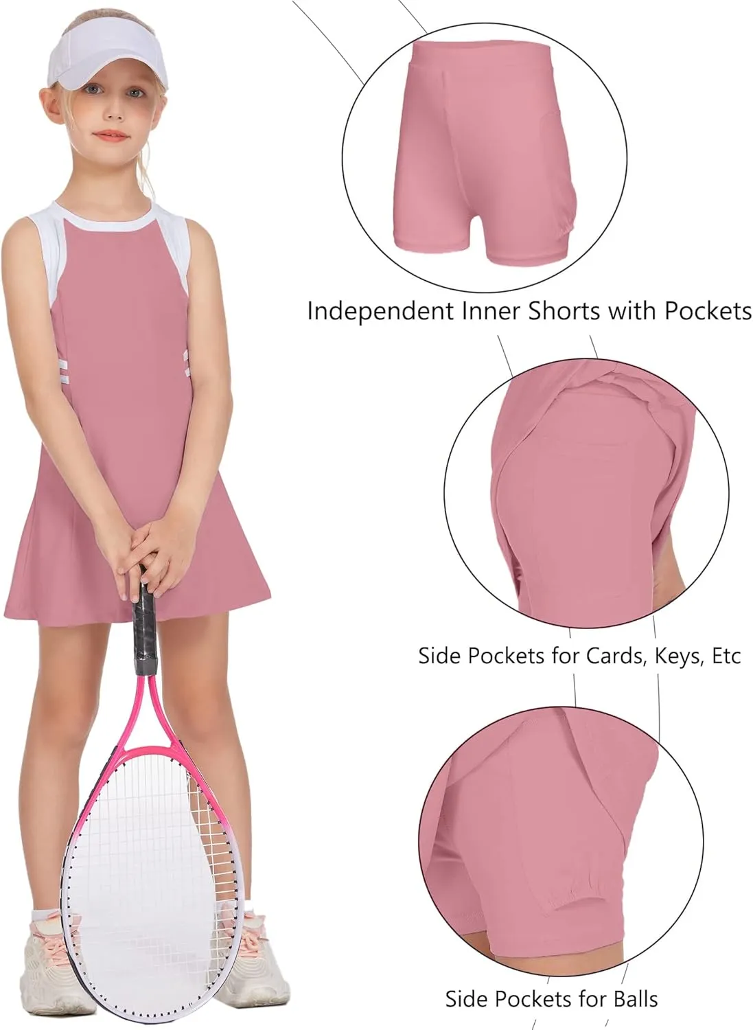 Zaclotre Girls Tennis Dress Cute Golf Outfit Sleeveless Workout Athletic Dresses with Shorts Pockets